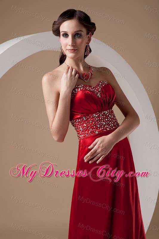 Wine Red Sweetheart Beads Brush Prom Gown with High Slit