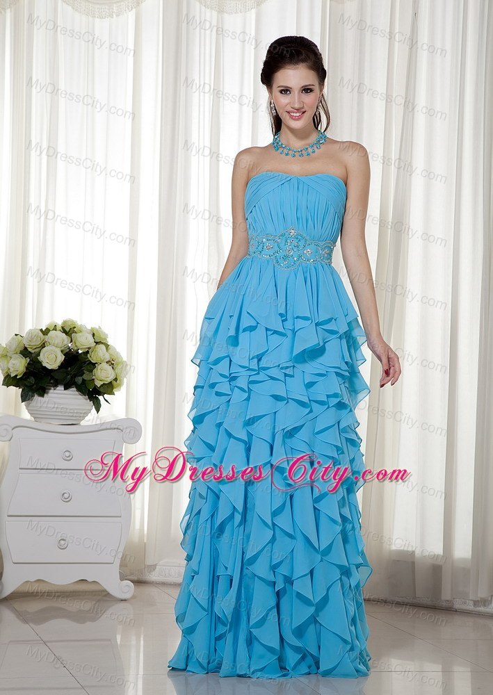 Empire Aqua Blue Strapless Chiffon Beading Dress for Prom