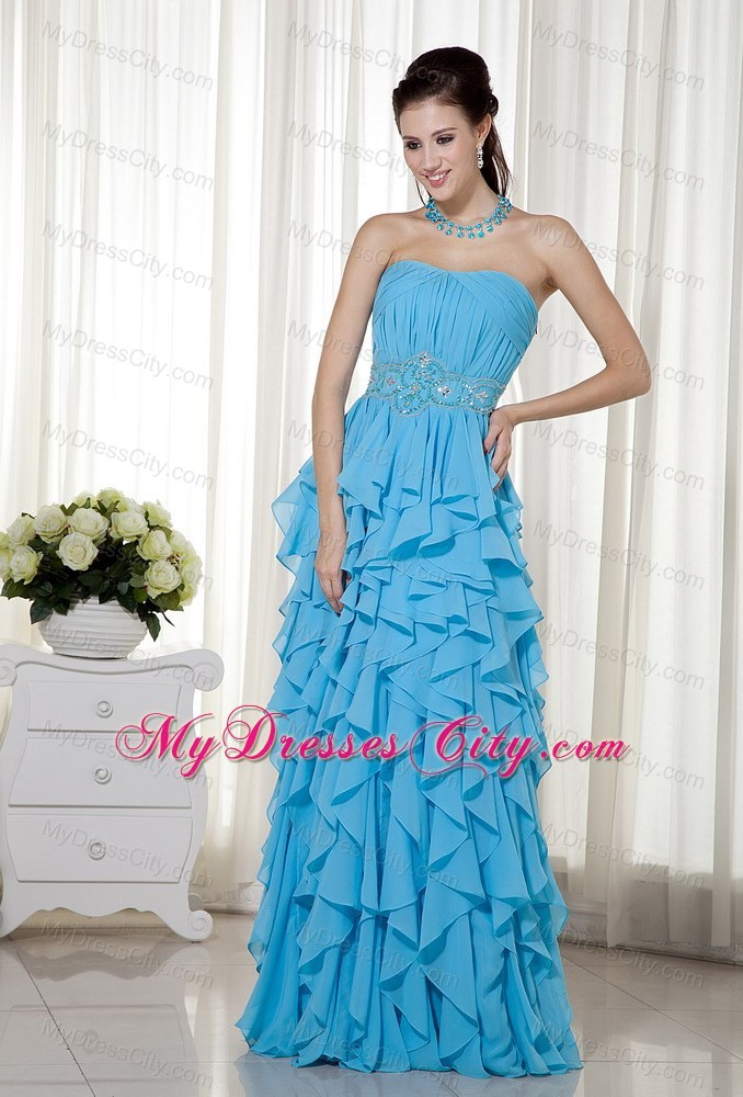 Empire Aqua Blue Strapless Chiffon Beading Dress for Prom