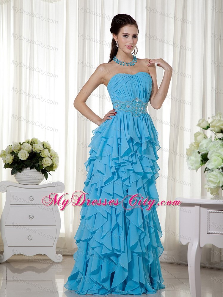 Empire Aqua Blue Strapless Chiffon Beading Dress for Prom