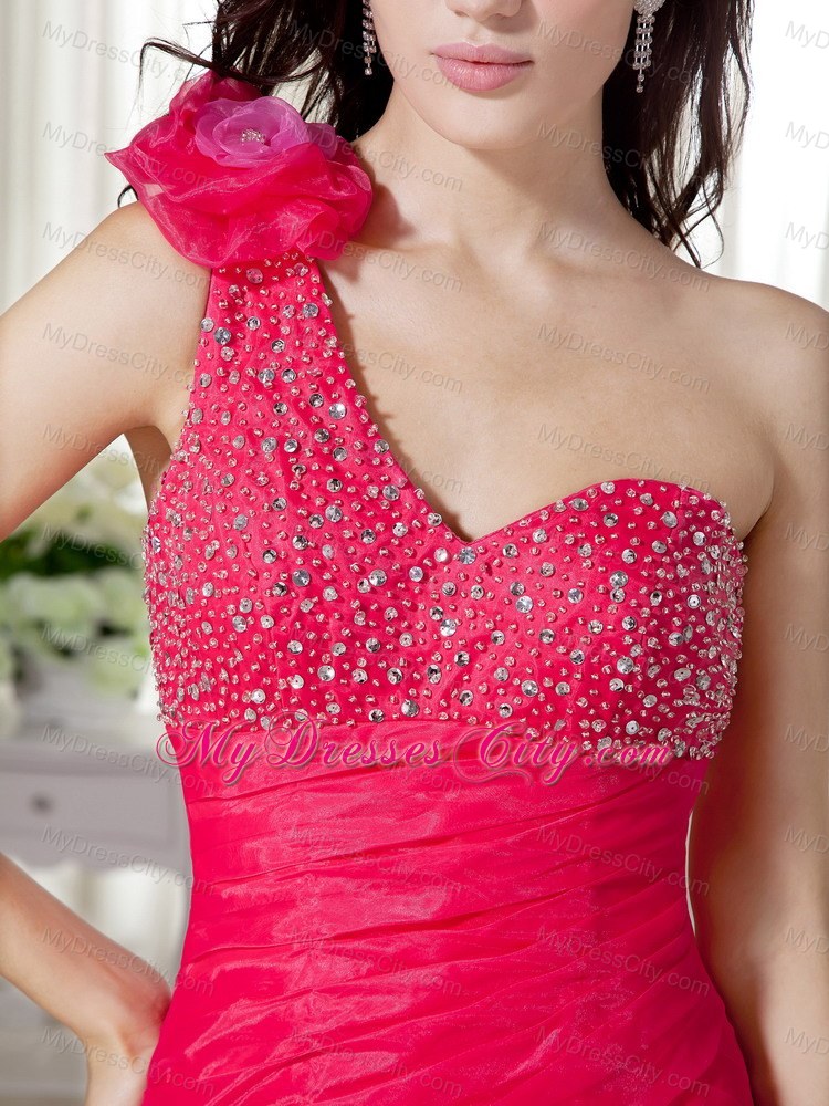 Hot Pink Layered High-low One Shoulder Beaded Prom Dress