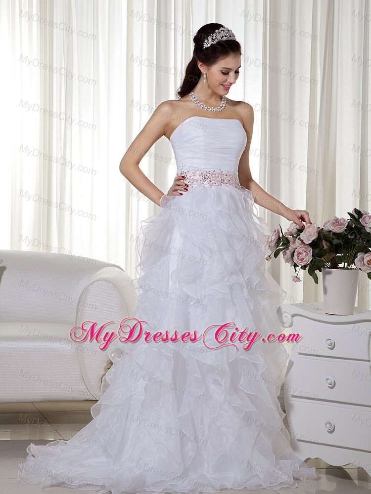 Stapless Organza White A-line Brush Beaded Dress for Prom