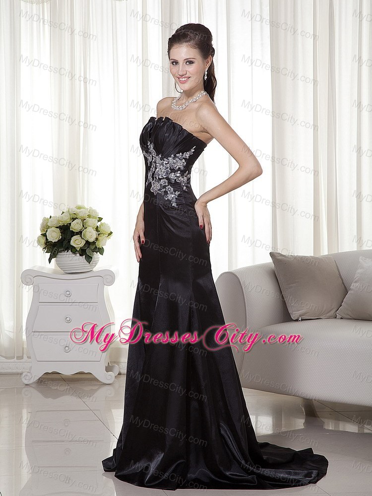 Mermaid Satin Brush Train Black Prom Dress with Appliques