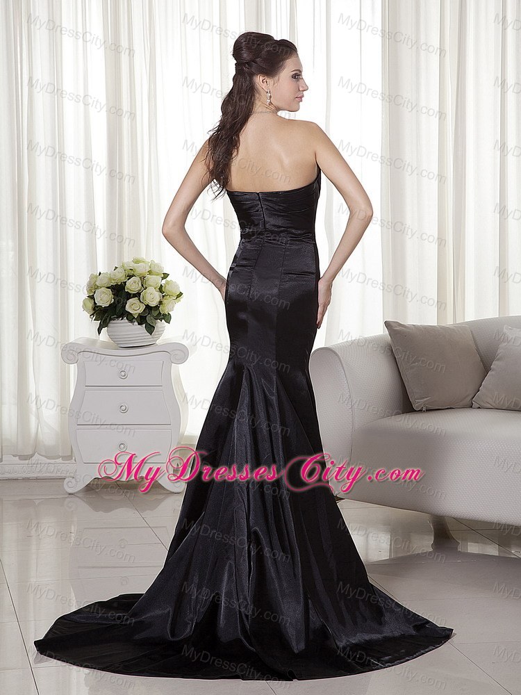 Mermaid Satin Brush Train Black Prom Dress with Appliques