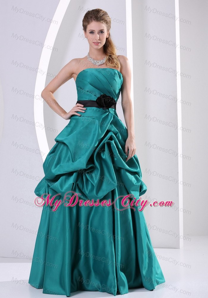 Turquoise Hand Flower Belt Prom Gown With Ruching Pick-ups