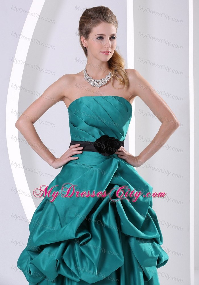 Turquoise Hand Flower Belt Prom Gown With Ruching Pick-ups