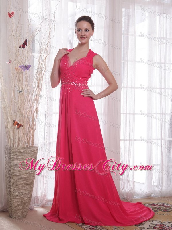 Empire V-neck Beaded Coral Red Sweep Train Chiffon Prom Dress