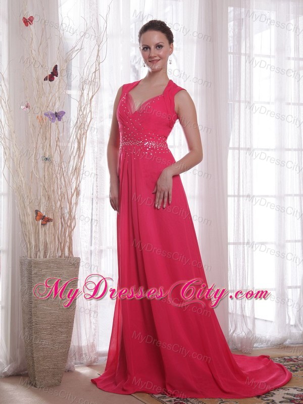 Empire V-neck Beaded Coral Red Sweep Train Chiffon Prom Dress