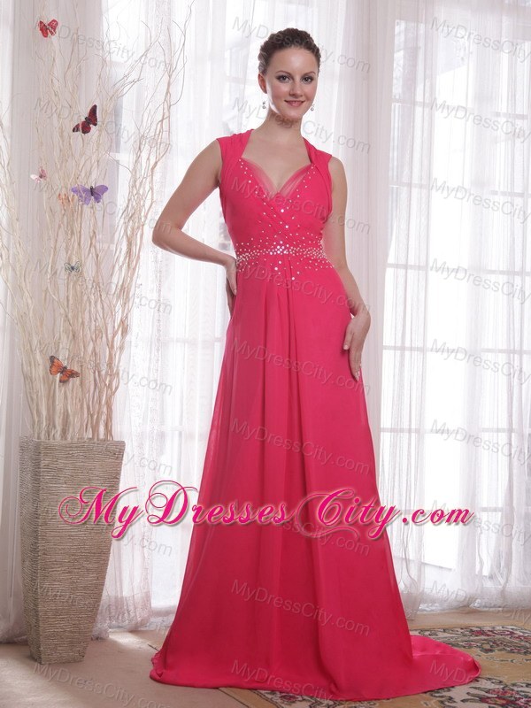 Empire V-neck Beaded Coral Red Sweep Train Chiffon Prom Dress