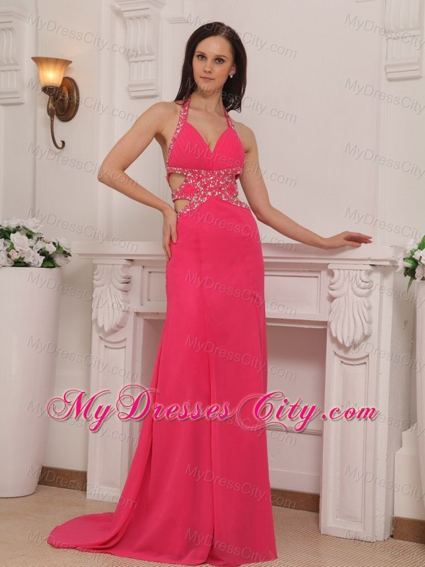 Halter Coral Red Chiffon Prom Dress with Beaded Cut Out Waist