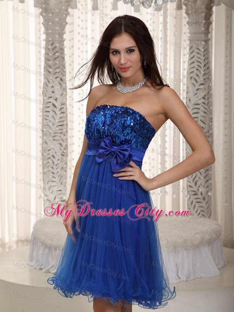 Royal Blue Strapless Mini-length Sequined Bowknot Prom Dress