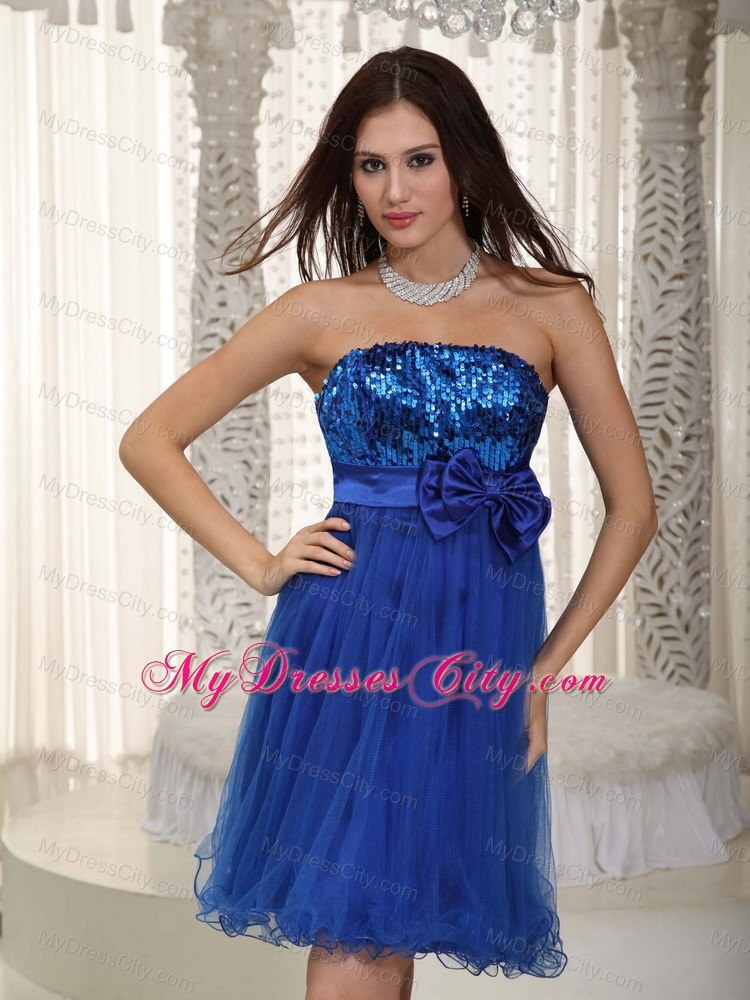 Royal Blue Strapless Mini-length Sequined Bowknot Prom Dress