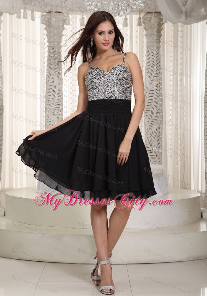 Mini-length Black Chiffon A-line Straps Prom Dress Beaded