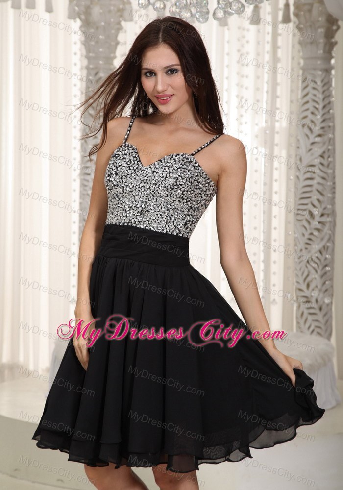 Mini-length Black Chiffon A-line Straps Prom Dress Beaded