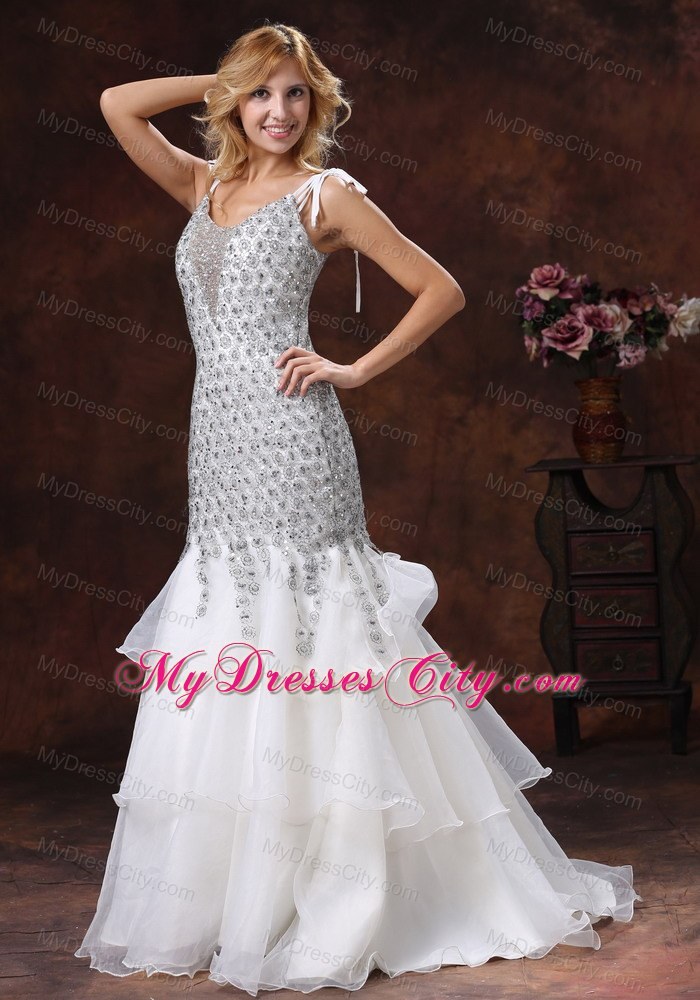 Memraid Straps V-neck Lace Prom Dress With Ruffled Layers