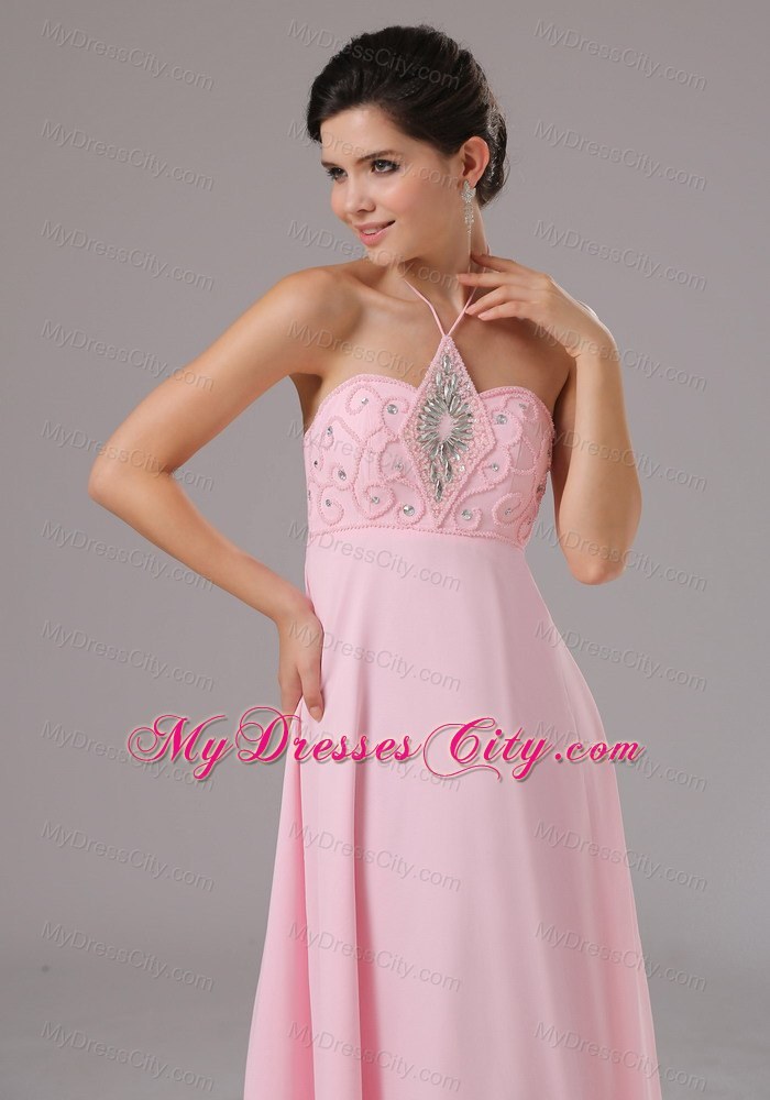Baby Pink Halter Beaded 2013 Prom Dress with Cool Back