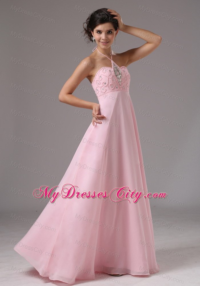 Baby Pink Halter Beaded 2013 Prom Dress with Cool Back