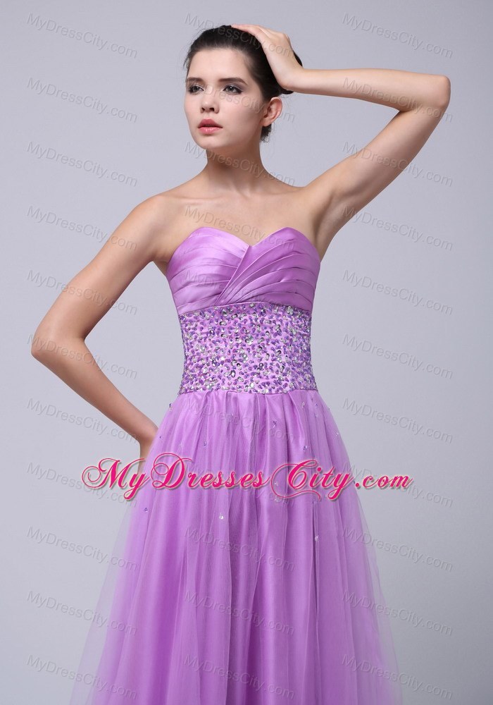 Lavender Tulle Sweetheart Prom Dress Beaded and Ruched