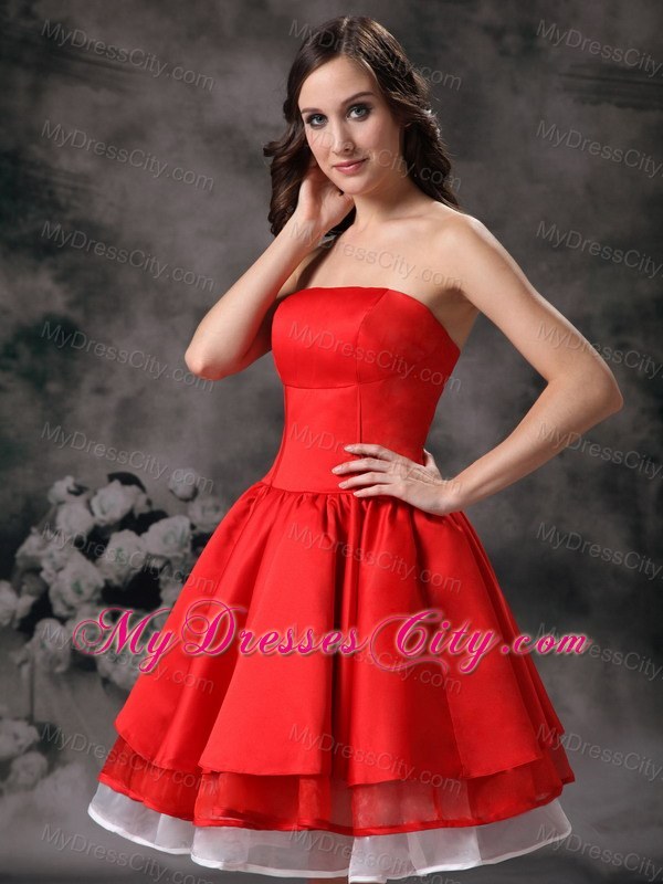 Red Knee-length A-line Strapless Prom Dress with Layers