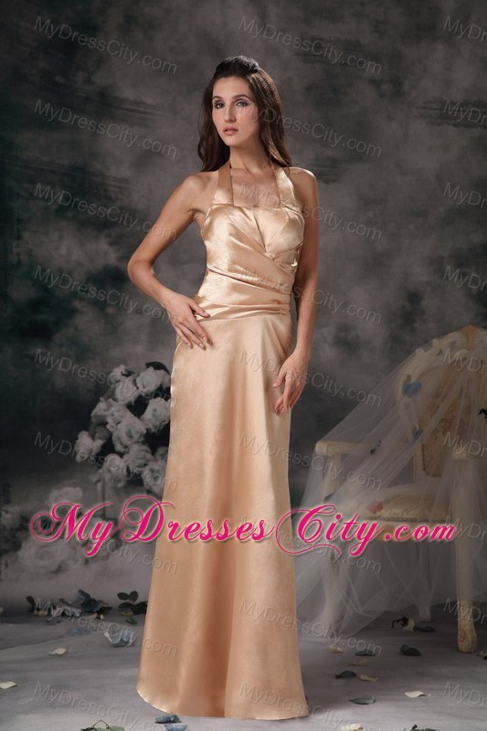 Halter Champagne Column Satin Prom Gown Dress Ruched 2013