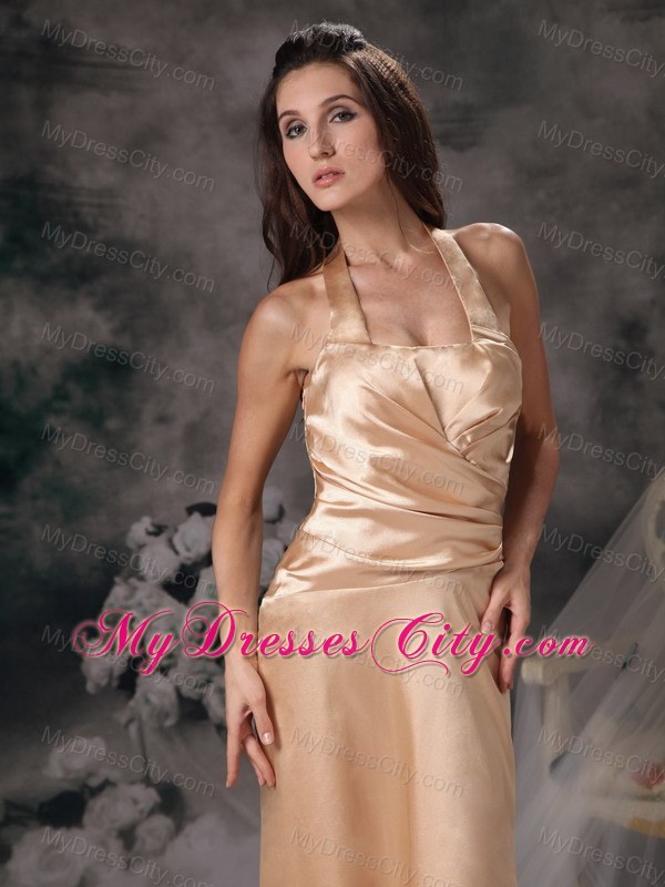Halter Champagne Column Satin Prom Gown Dress Ruched 2013