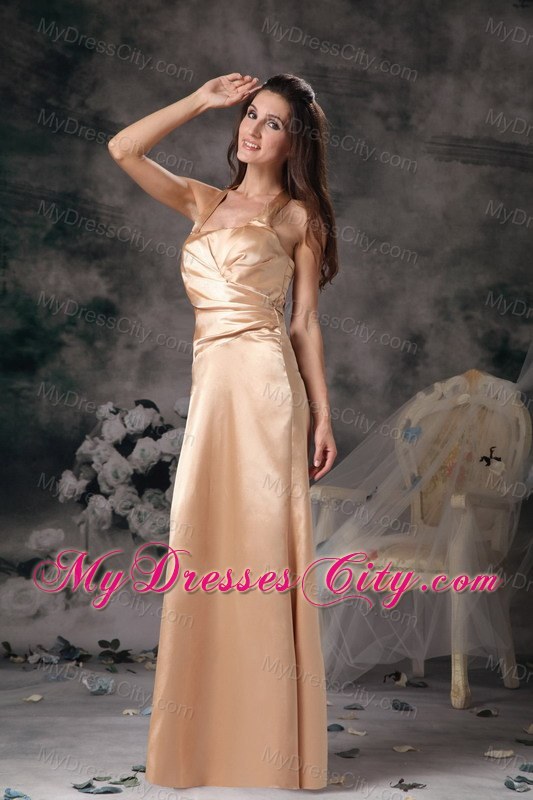 Halter Champagne Column Satin Prom Gown Dress Ruched 2013