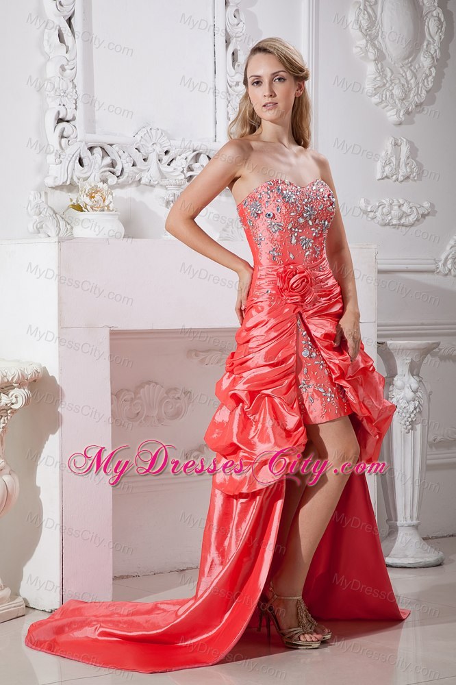 Sweetheart Watermelon Taffeta High-low Prom Dress Beaded