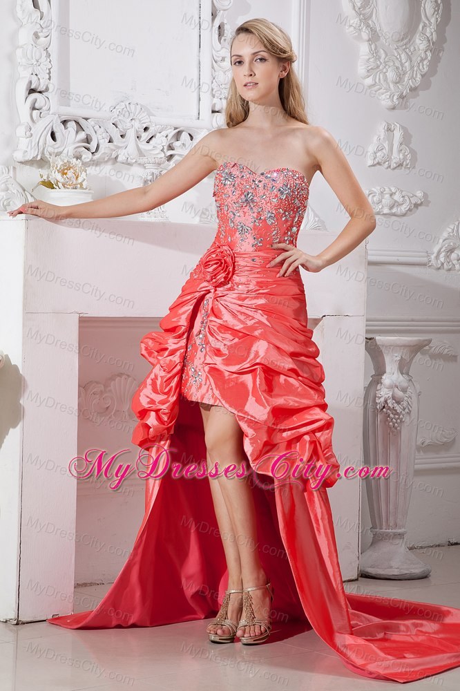 Sweetheart Watermelon Taffeta High-low Prom Dress Beaded