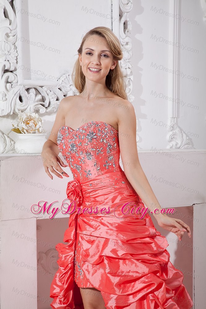 Sweetheart Watermelon Taffeta High-low Prom Dress Beaded