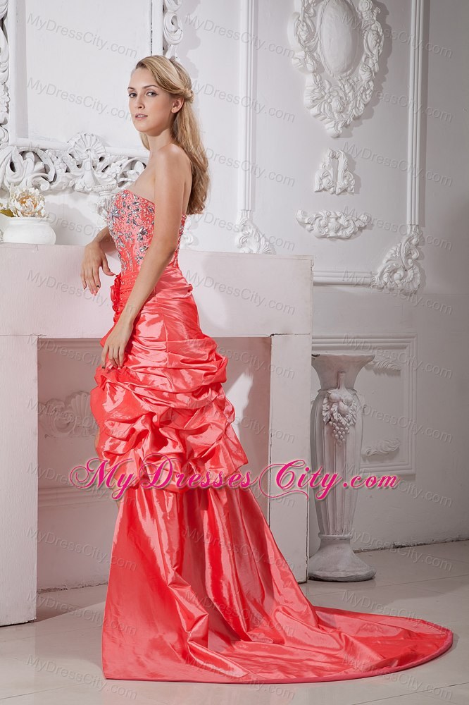 Sweetheart Watermelon Taffeta High-low Prom Dress Beaded