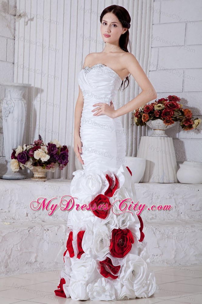 White Beaded Sweetheart Mermaid Rolling Flowers Prom Dress