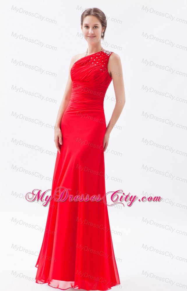 Red Column Beading Chiffon Prom Dress with One Shoulder