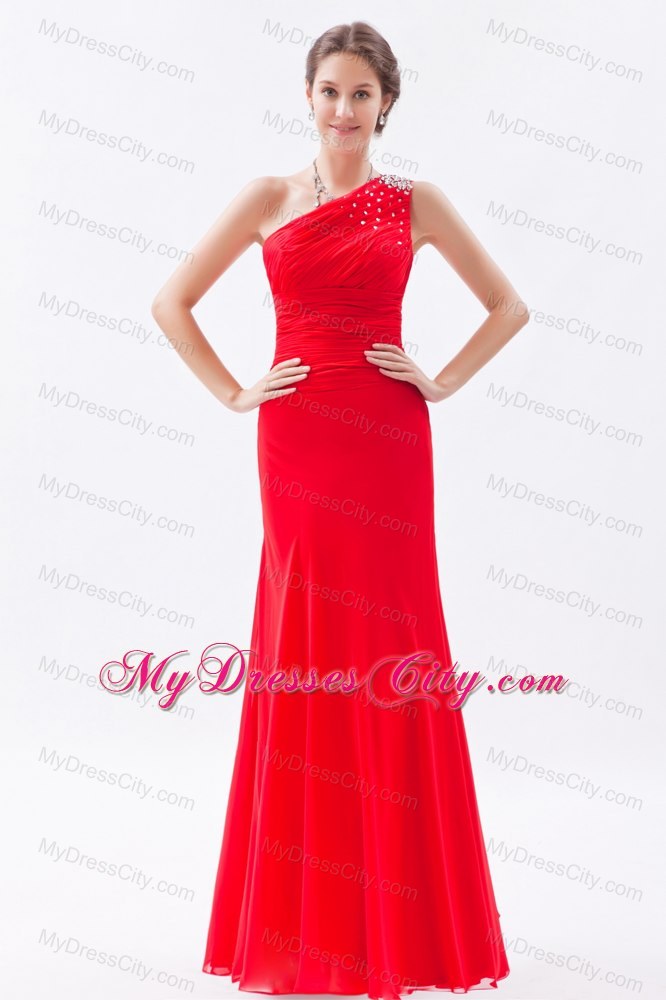 Red Column Beading Chiffon Prom Dress with One Shoulder