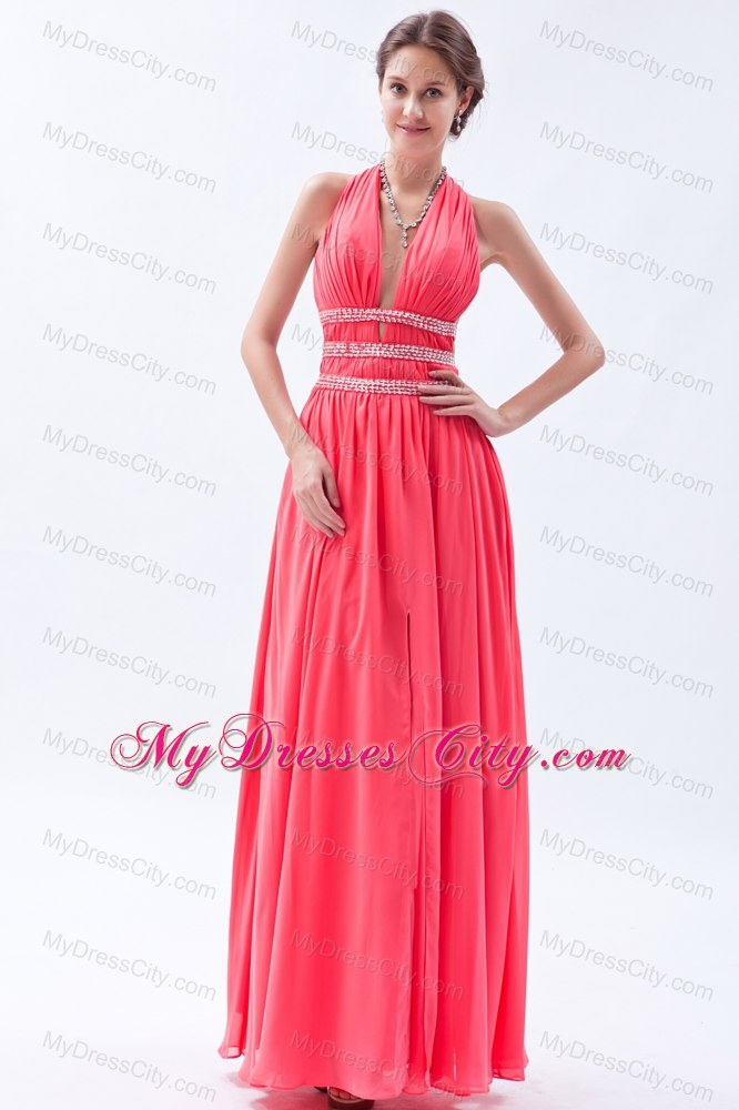 Watermelon Chiffon Beaded Halter Prom Dress with Cutout Back