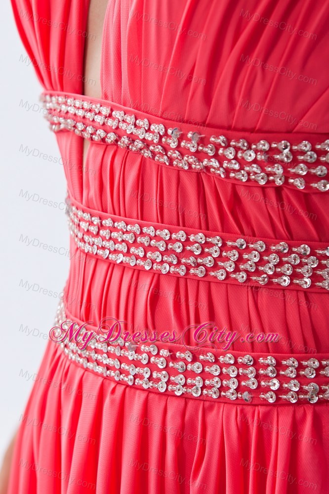 Watermelon Chiffon Beaded Halter Prom Dress with Cutout Back