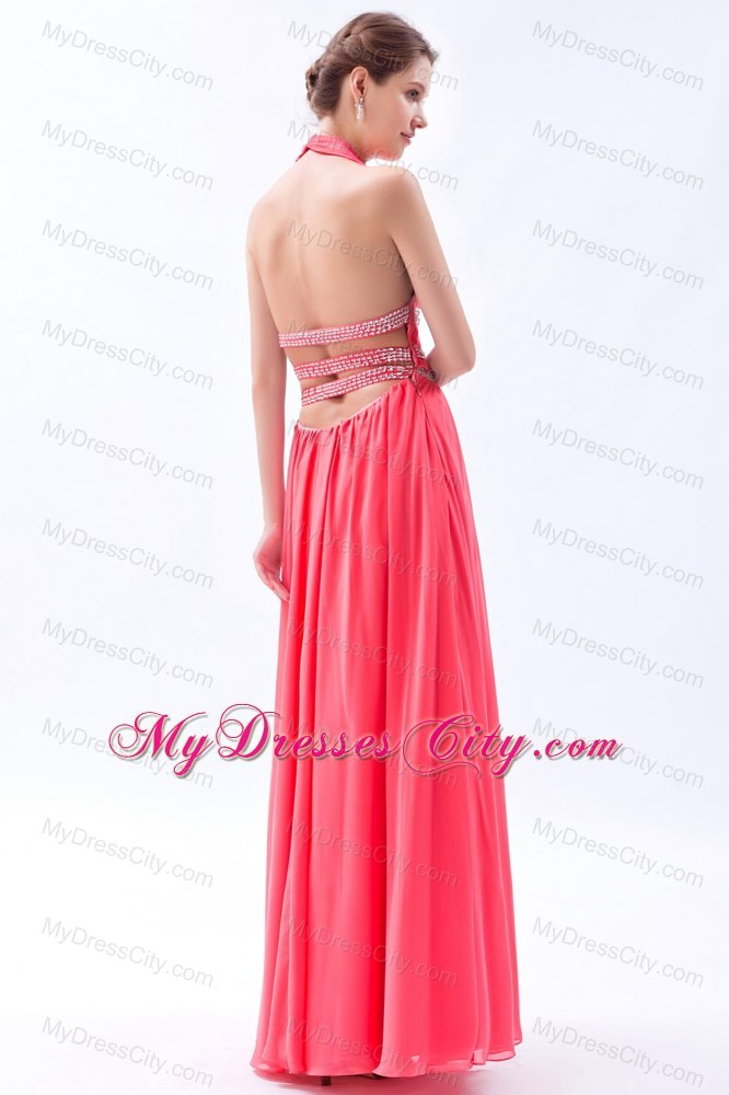 Watermelon Chiffon Beaded Halter Prom Dress with Cutout Back