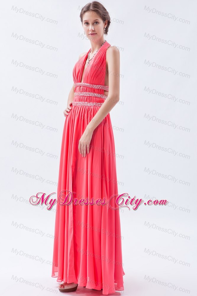 Watermelon Chiffon Beaded Halter Prom Dress with Cutout Back