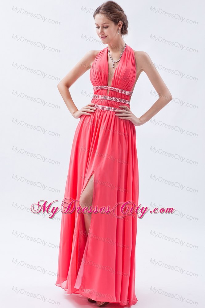 Watermelon Chiffon Beaded Halter Prom Dress with Cutout Back