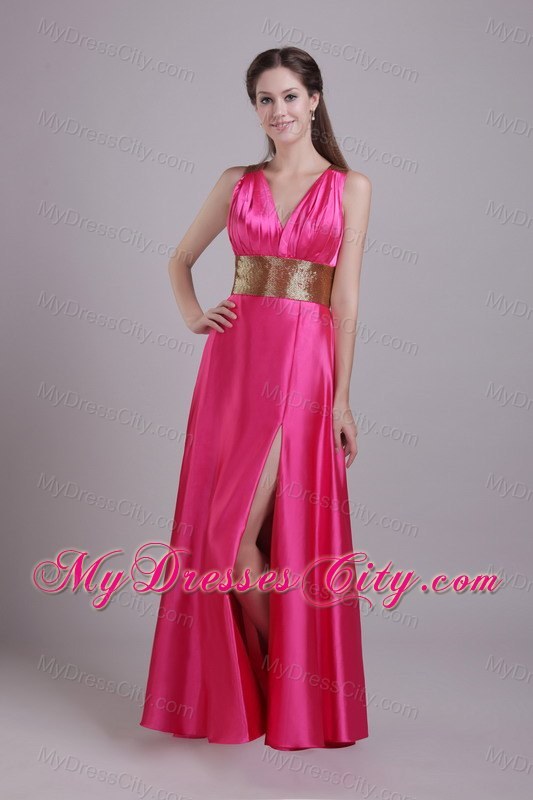 High Slit Empire V-neck Hot Pink Prom Dresses With Criss Cross Back