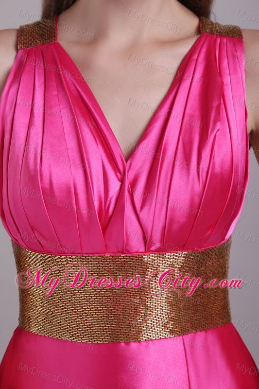 High Slit Empire V-neck Hot Pink Prom Dresses With Criss Cross Back
