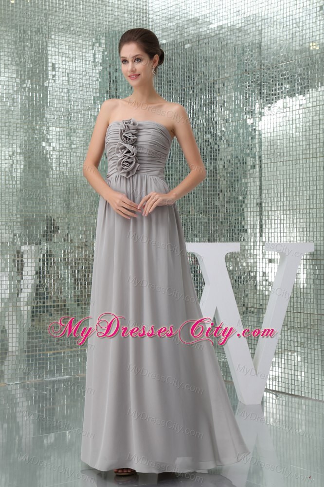 Flowers Strapless Ruching Empire Chiffon Gray Prom Dress for Girls