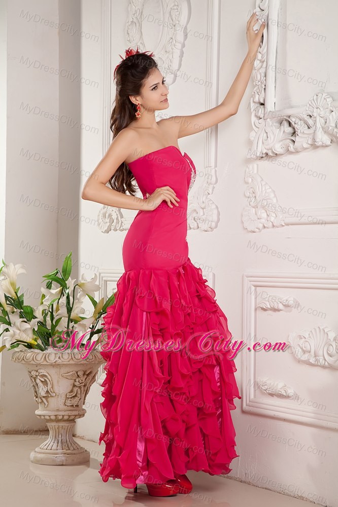Appliques Ankle-length Chiffon Ruffles Hot Pink Prom Dresses
