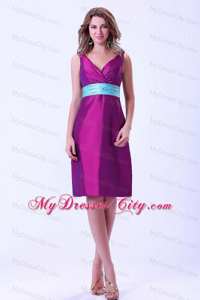 Purple V-neck Knee-length Maid of Honor Dress with Blue Belt ...