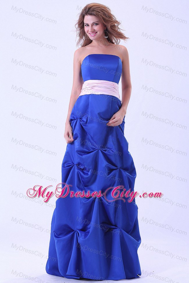 Floor-length Blue Bridemaid Dress with Pink Sash and Pick-ups