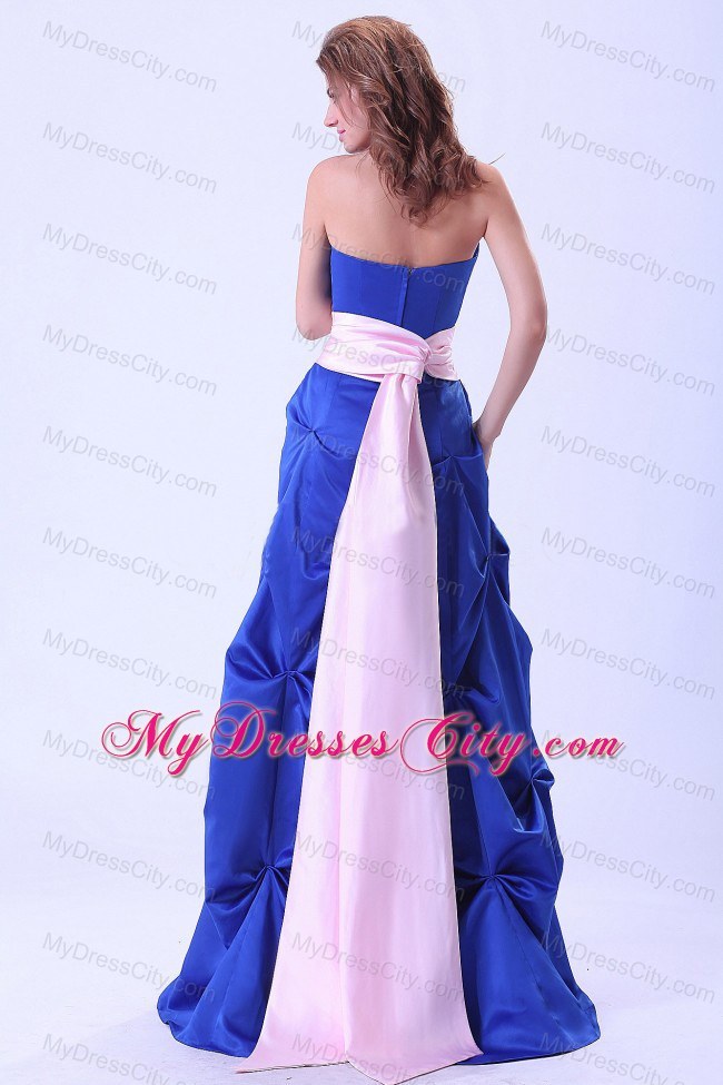 Floor-length Blue Bridemaid Dress with Pink Sash and Pick-ups