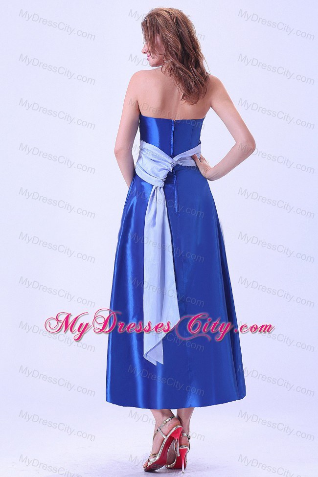 White Sash Decorated Royal Blue Tea-length Maid of Honor Dress