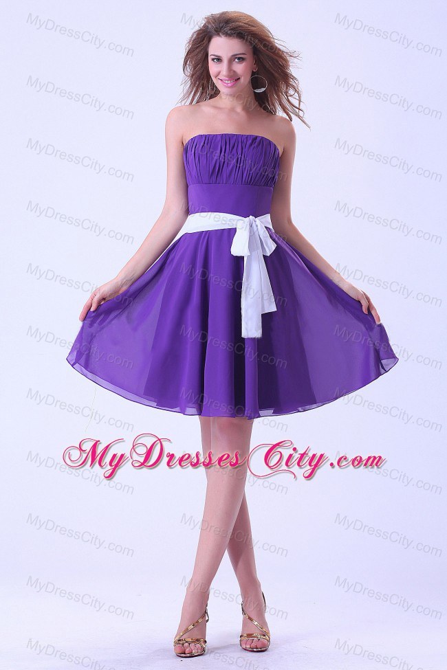 Purple Chiffon Kneelength Bridesmaid Dress with White Sash