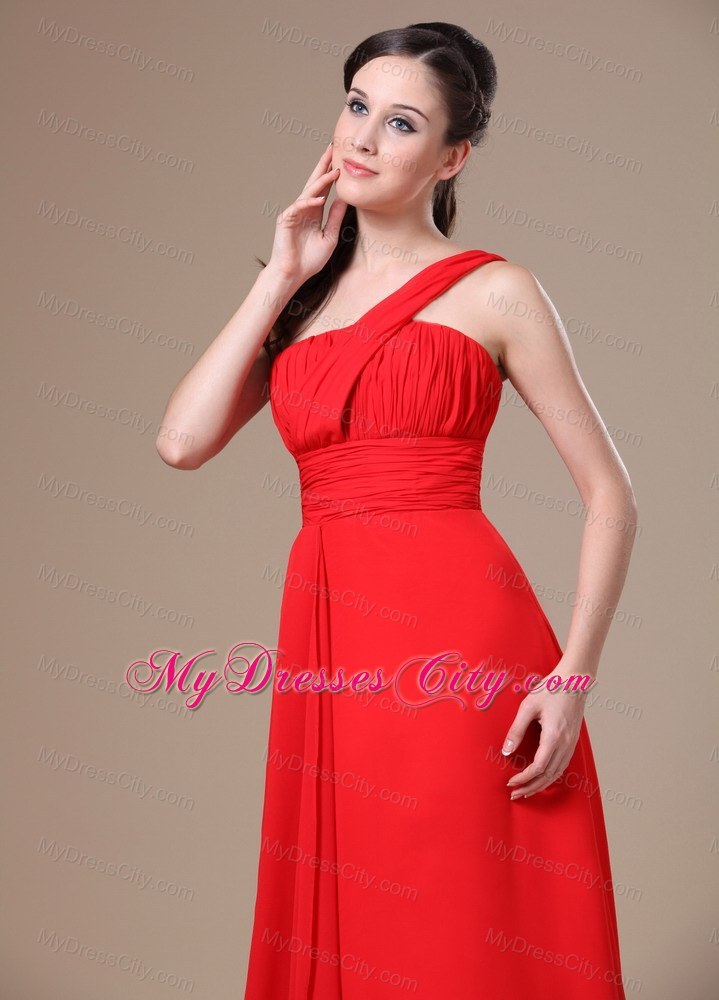 One Shoulder Ruched Chiffon Bridesmaid Dress with Brush Train