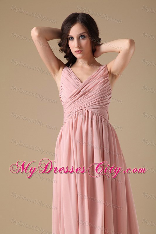 Elegant Peach Pink V-neck Chiffon Ruched Maid of Honor Dress