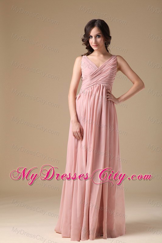Elegant Peach Pink V-neck Chiffon Ruched Maid of Honor Dress